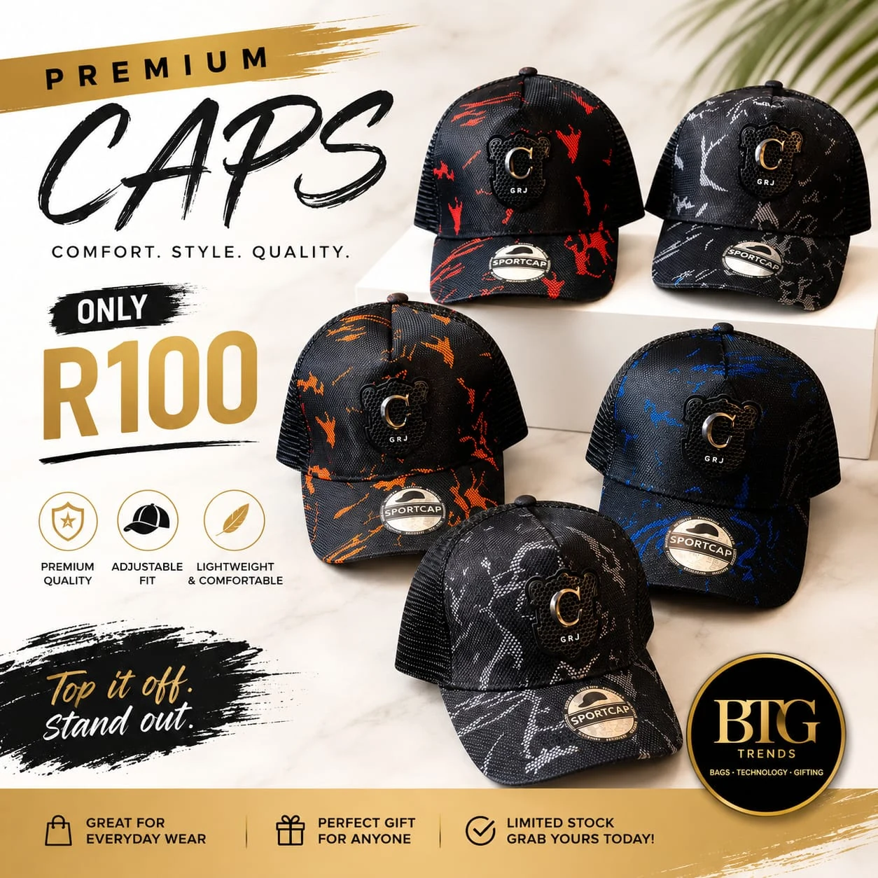 BTG Trends patterned premium caps